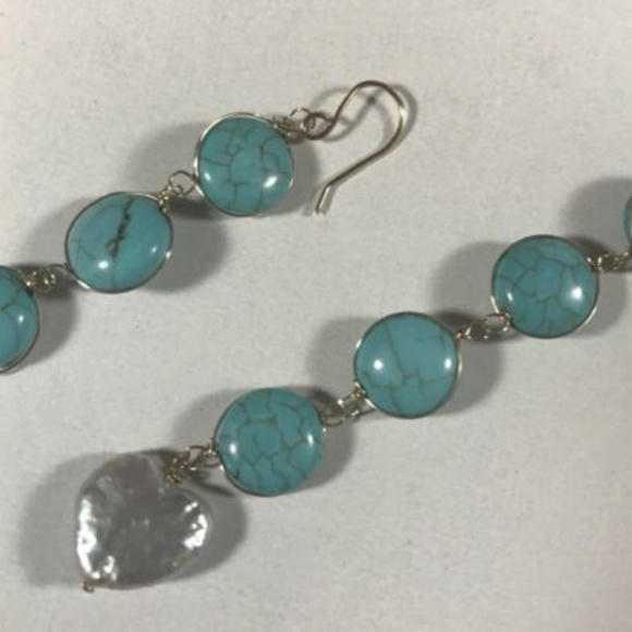 Turquoise and Perl Dangling Earrings Gold Filled - Picture 6 of 6